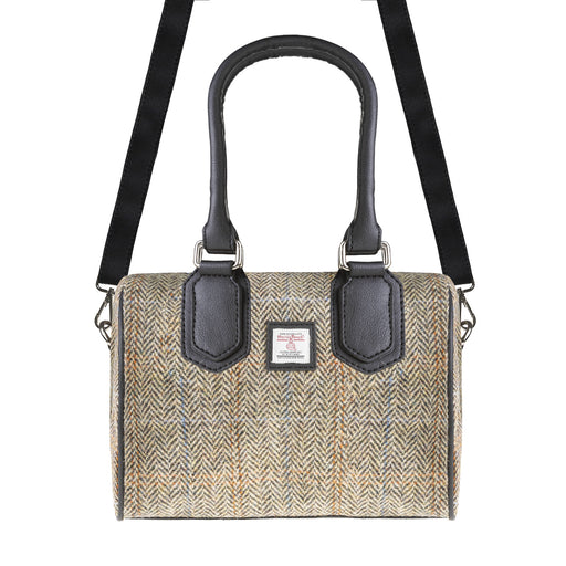 Ladies Ht Vegan Leather Small Hand Bag Tan & Brown Herringbone / Black - Heritage Of Scotland - TAN & BROWN HERRINGBONE / BLACK