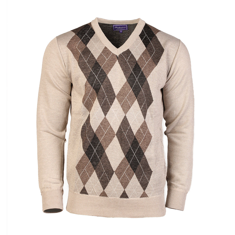 Men's Argyle Ballantrae Jumper Beige Melange - Heritage Of Scotland - BEIGE MELANGE