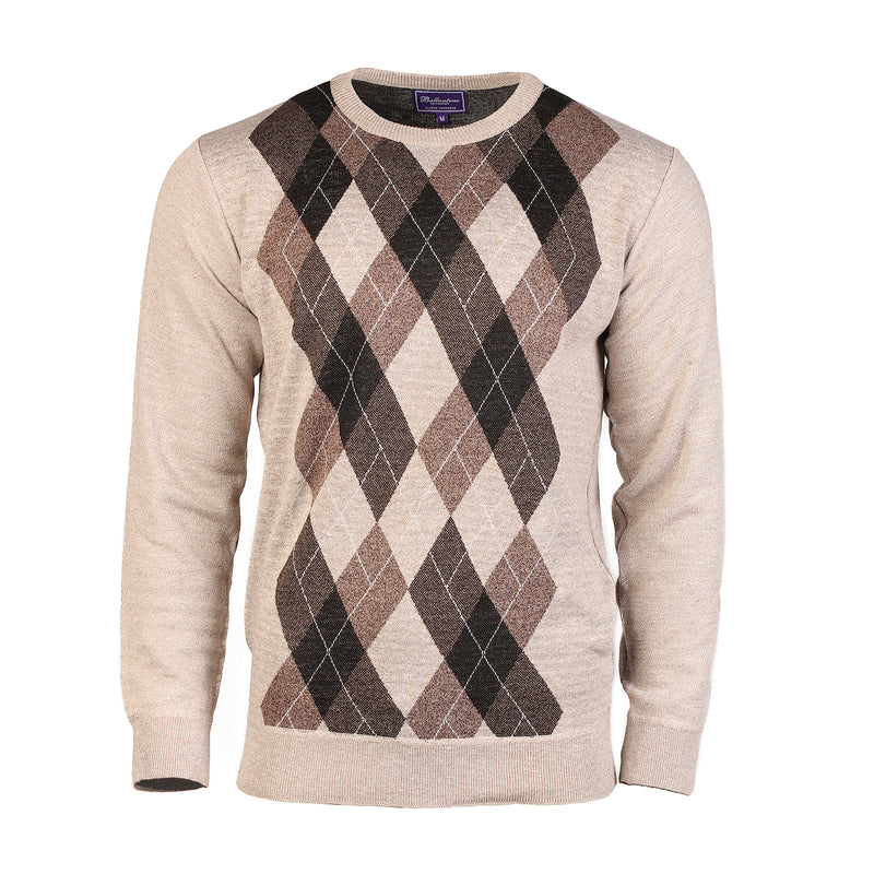 Men's Argyle Ballantrae Jumper Crew Nec Beige Melange - Heritage Of Scotland - BEIGE MELANGE