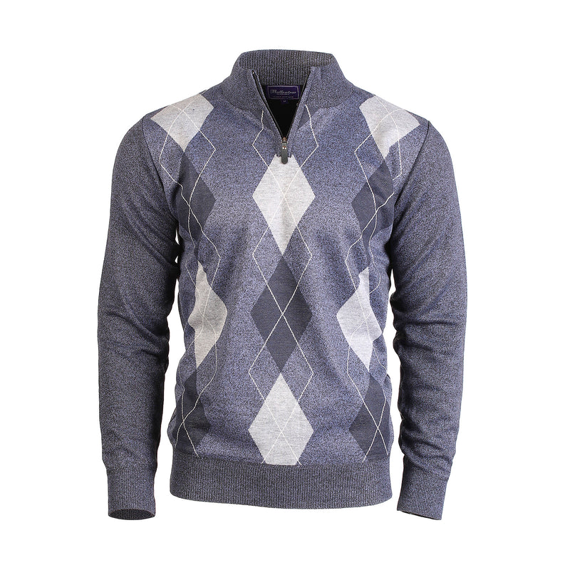 Men's Argyle Ballantrae Jumper Half Zip Blue Melange - Heritage Of Scotland - BLUE MELANGE