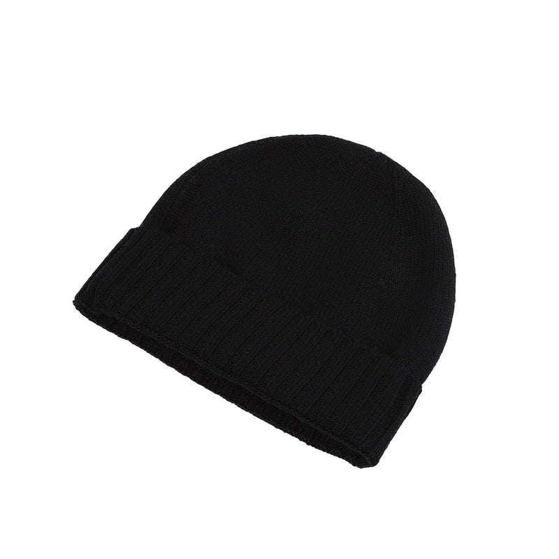 Plain Knit Ladies Beanie Rib Turn Up Black - Heritage Of Scotland - BLACK