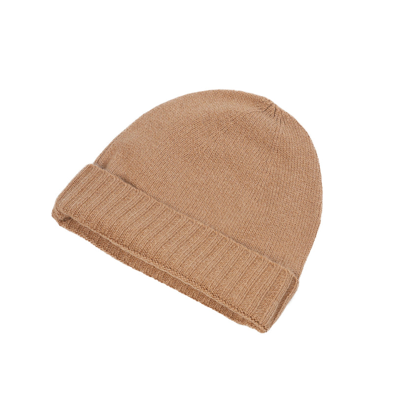 Plain Knit Ladies Beanie Rib Turn Up Camel - Heritage Of Scotland - CAMEL