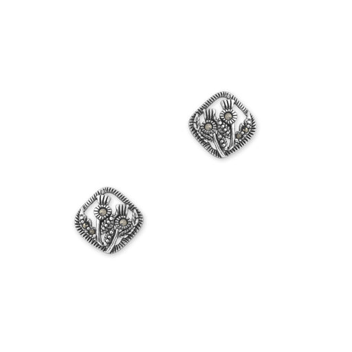 Scottish Thistle Silver Square Earrings With Marcasite Stones - Heritage Of Scotland - NA