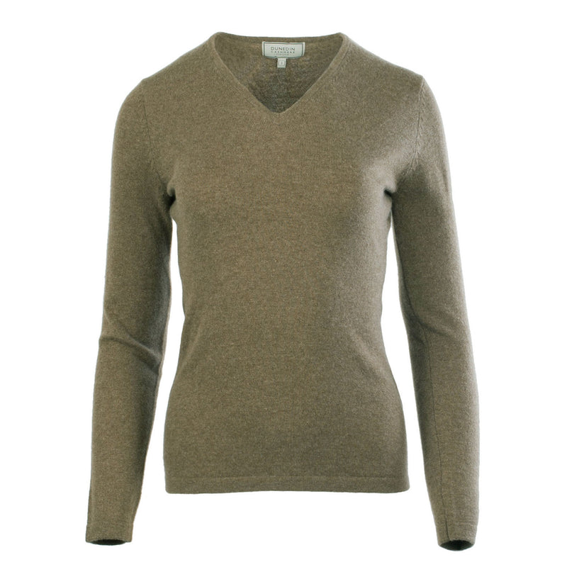 Women's 100% Cashmere V-Neck Jumper Dunedin Cashmere Olive - Heritage Of Scotland - OLIVE