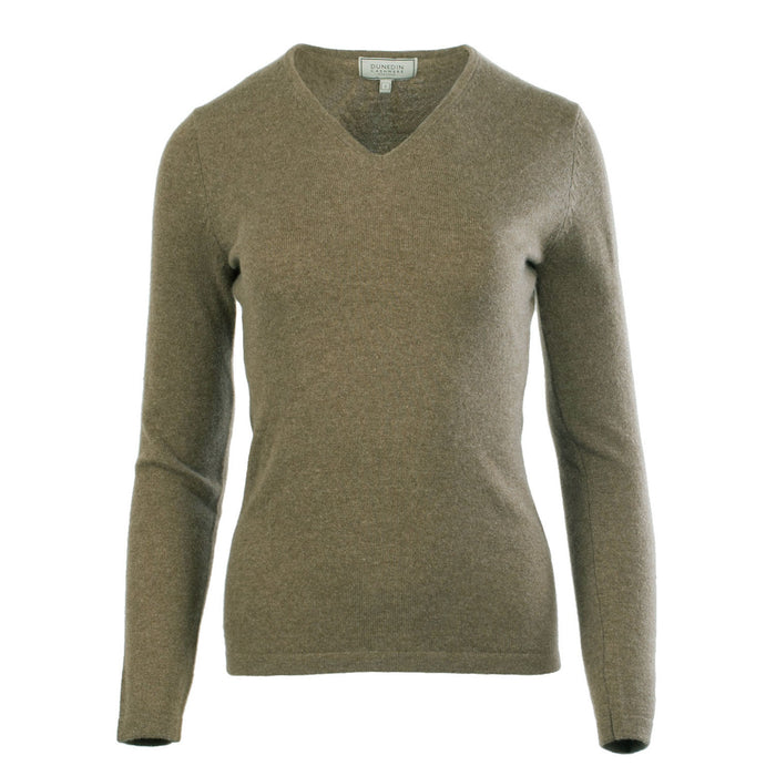 Women's 100% Cashmere V-Neck Jumper Dunedin Cashmere Olive - Heritage Of Scotland - OLIVE